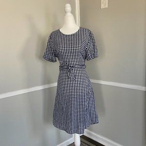J. McLaughlin Sadie Dress Linen Gingham Print Navy Blue White